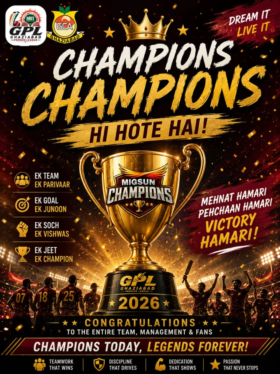 Migsun Champions GPL 2026 winners celebration poster